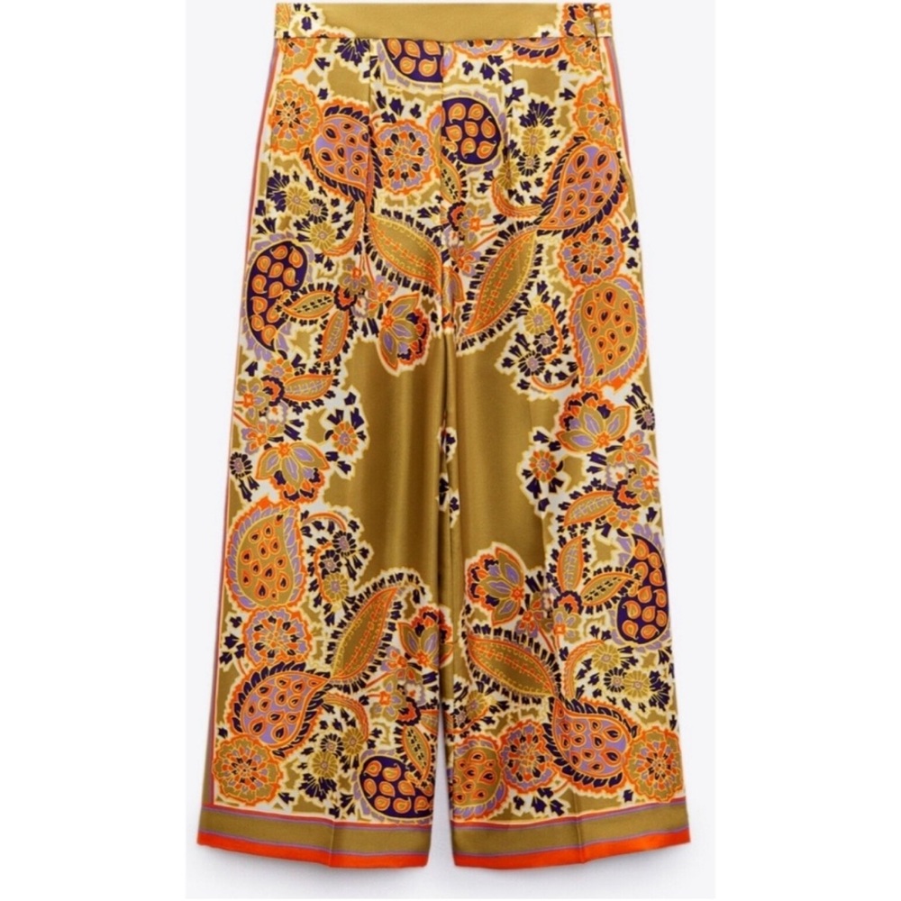 Zara Paisley Printed Satin Wide Leg Cropped pants Toffee